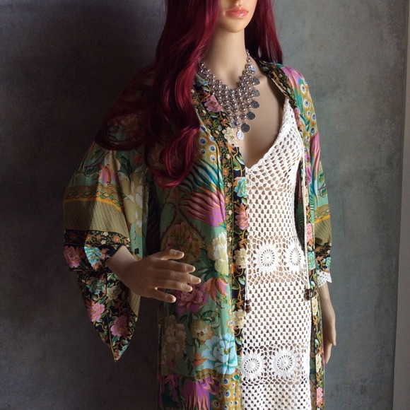 🎀 KIMONO ROBE CARDIGAN DUSTER  BOHO CHIC FLORAL KAFTAN CLOUD PASTEL FLOWER BELT - Picture 10 of 15